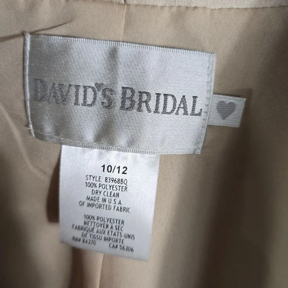 David’s Bridal Champagne Satin Gown w/ Bolero Formal Evening Dress Size 10/12